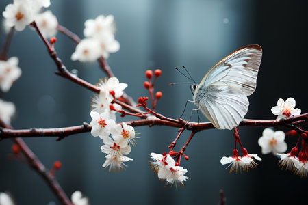 White butterfly on a branch of a blossoming apricot treeの素材