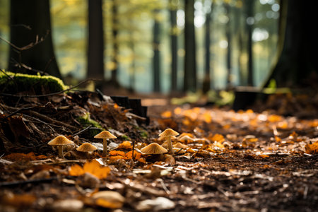 Autumn forest. Mushrooms in the autumn forest. Seasonal natural scene.の素材