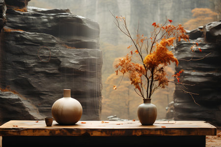 Two vases with dried flowers on a wooden table against the background of autumn forestの素材