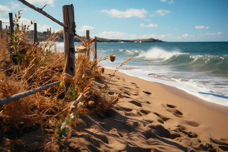 Beautiful seascape with sandy beach, waves and dry grassの素材