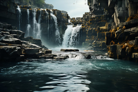 Fantastic view of amazing waterfall. Dramatic scene. Beauty world.の素材