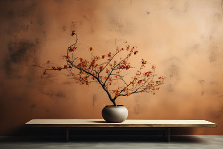 Bonsai tree in ceramic vase on wooden shelf and orange wallの素材