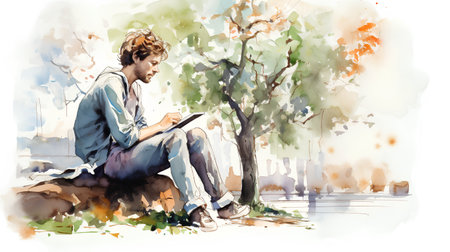 Young man sitting in the park and reading a book. Digital watercolor paintingの素材