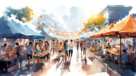 Illustration of people in a street food market, vector illustration.の素材