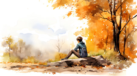 Girl sitting on a rock in the autumn forest. Watercolor paintingの素材