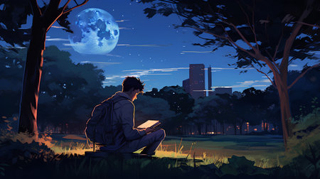 Young man reading book in the park at night. Vector illustration.の素材