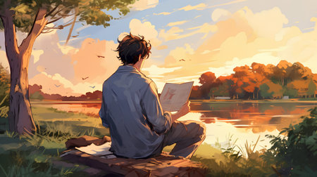 Young man reading a book in the forest at sunset, vector illustrationの素材
