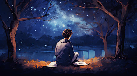Young man sitting on the bank of the river at night. Vector illustrationの素材
