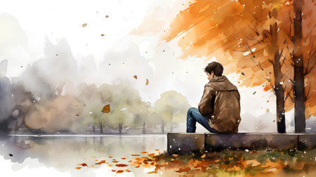 Young man in autumn park. Digital watercolor painting. Hand drawn illustration.の素材