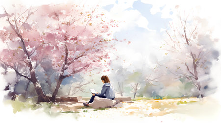 Young woman sitting on a stone in the park with a laptop. Digital watercolor paintingの素材