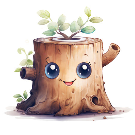 Cute cartoon tree character with eyes and mouth. Vector illustration.の素材