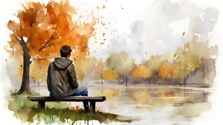 Young man sitting on a bench in the autumn park. Watercolor paintingの素材