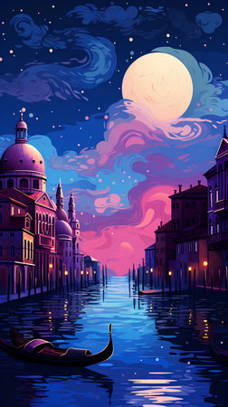 Venice at night with gondola and full moon, vector illustrationの素材