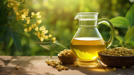 Soybean oil in a glass bottle on wooden table with yellow flowers background.の素材