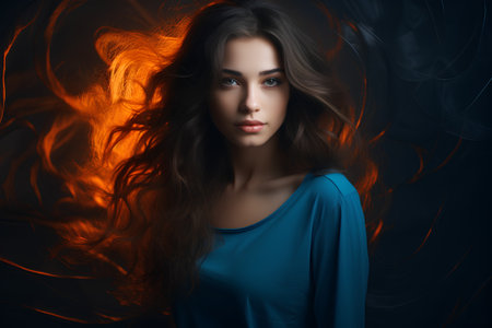 Beautiful young woman with long curly hair on a black background. Beauty, fashion.の素材