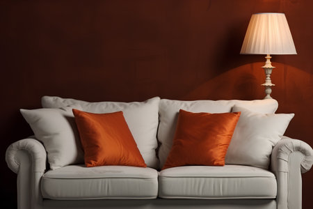 Comfortable sofa with orange pillows on a dark red wall backgroundの素材