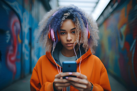 African american young woman listening to music with headphones and mobile phone.の素材