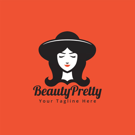 Woman beauty face with hat and long hair in black white silhouette style logo illustrationのイラスト素材