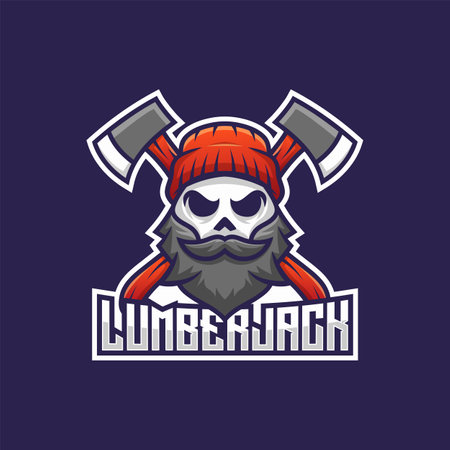 lumberjack skull with mustache and beard mascot logo. man face head with ax illustration vectorのイラスト素材