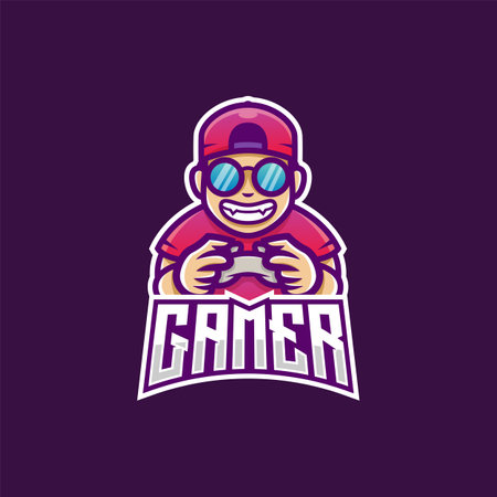 gamer boy playing game with joystick controller mascot wearing hat cap and glasses illustration vectorのイラスト素材