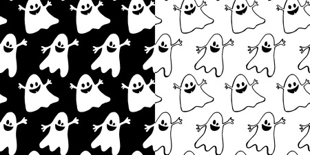 Halloween seamless background with funny ghosts. Seamless vector black and white patterns set. Good for packaging design, thematical backgroundのイラスト素材
