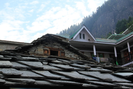 ancient stone roofing homes in northern Indiaの写真素材