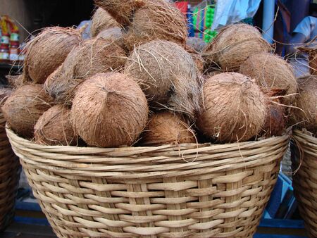 coconuts in the basket of markets Indiaの写真素材