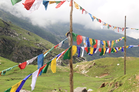 Buddhist flag flutteringの写真素材