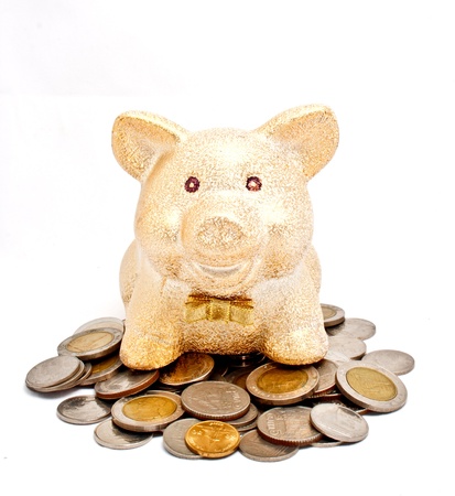 A golden piggy bank sitting on coinsの写真素材