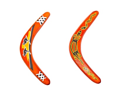 isolated two different painted boomerangの写真素材