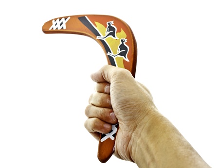 a hand holding a boomerang on white backgroundの写真素材