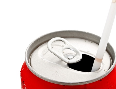 opened beverage can on white background