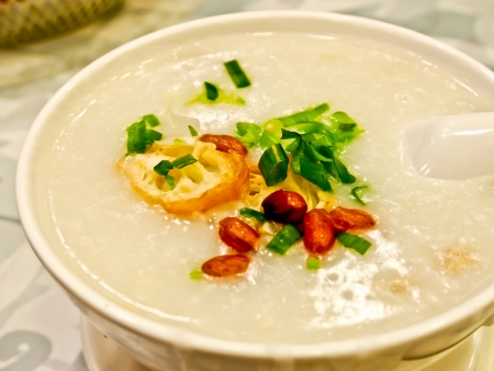 Hong Kong food, pork congee with fried crullerの写真素材