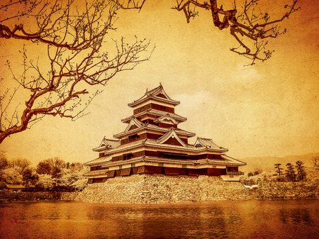 Matsumoto castle in old paper background, Japanのeditorial素材