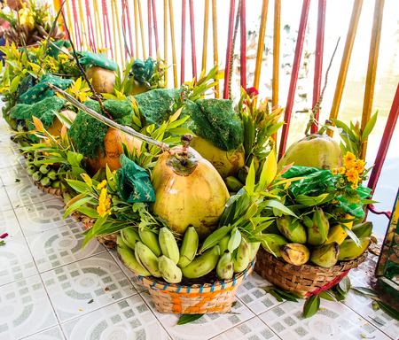 offering fruits for the god in Myanmarの写真素材
