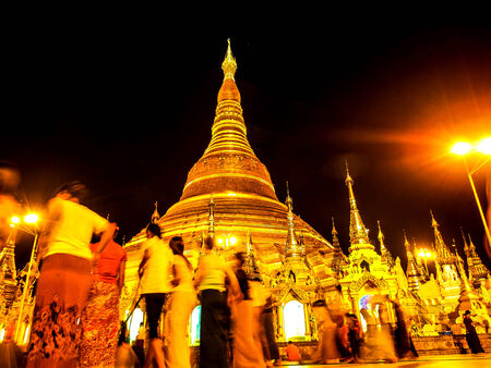 the famous Shwedagon pagoda in Yangon at night, Myanmarのeditorial素材