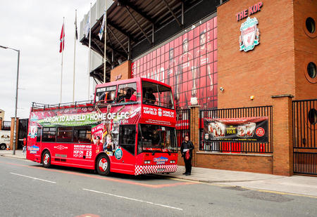 tourist bus at Anfield stadium, Liverpool, UKのeditorial素材