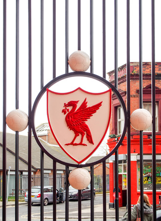 Liverpool club crest on the fence of Anfield stadium, Liverpool, UKのeditorial素材