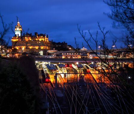 Edinburgh Waverley station at night, Scotland, UKのeditorial素材