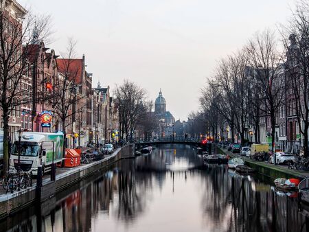 beautiful landscape of canal in Amsterdam, Netherlandsのeditorial素材