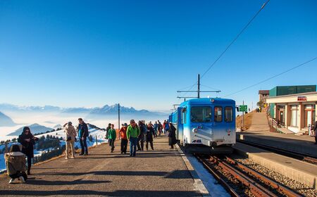tourists at the top of Rigi Kulm, Luzern, Switzerlandのeditorial素材