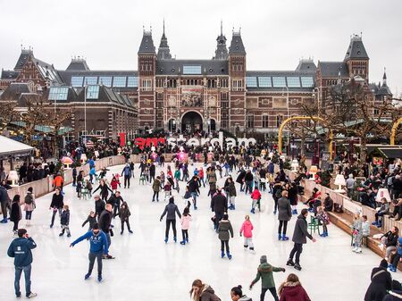 people on ice skating in front of Rijksmuseum, Amsterdam, Netherlandsのeditorial素材