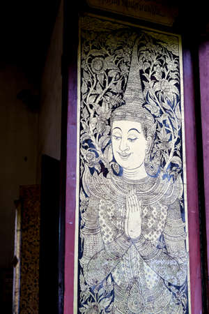 Thai art, angle guard image at Buddhist temple doorの写真素材