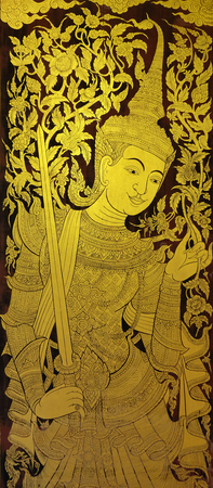 Thai art, angle guard image at Buddhist temple doorの写真素材
