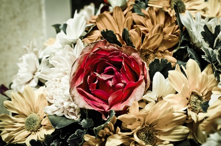 A bouguet of red rose and Chrysanthemum  flowers, vintage conceptの写真素材