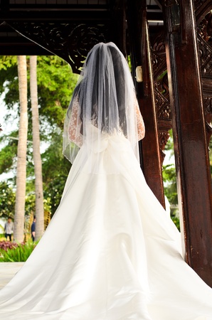 Image of back of bride in wedding dressの写真素材