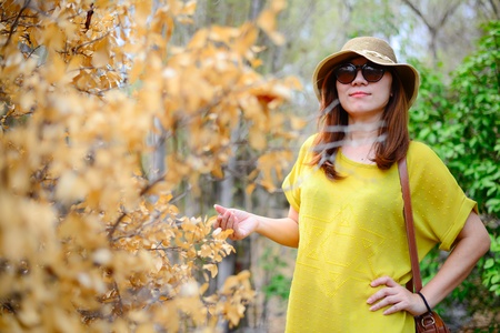 beautiful Asian woman wearing sunglasses and hat in the park on a warm autumn dayの写真素材