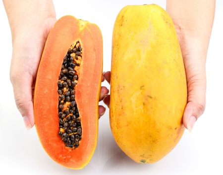 Hand holding Papaya on white backgroundの写真素材