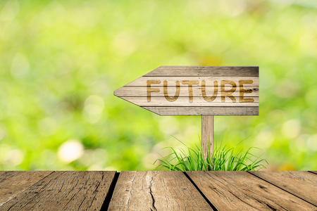 Future message on Wooden sign board with grass and bokeh backgroundの写真素材