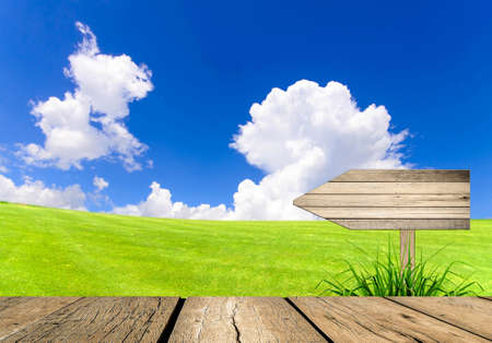 Arrow sign wooden board andLandscape of green field with blue sky 